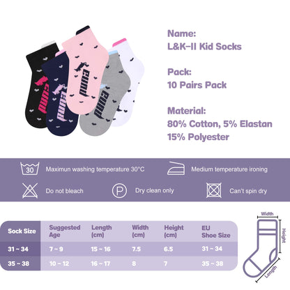 L&K-II 10/12 Paar Kinder Mädchen Socken mit niedlichen Herzmustern Kids Füßlinge Sneakersocken bunt 2825