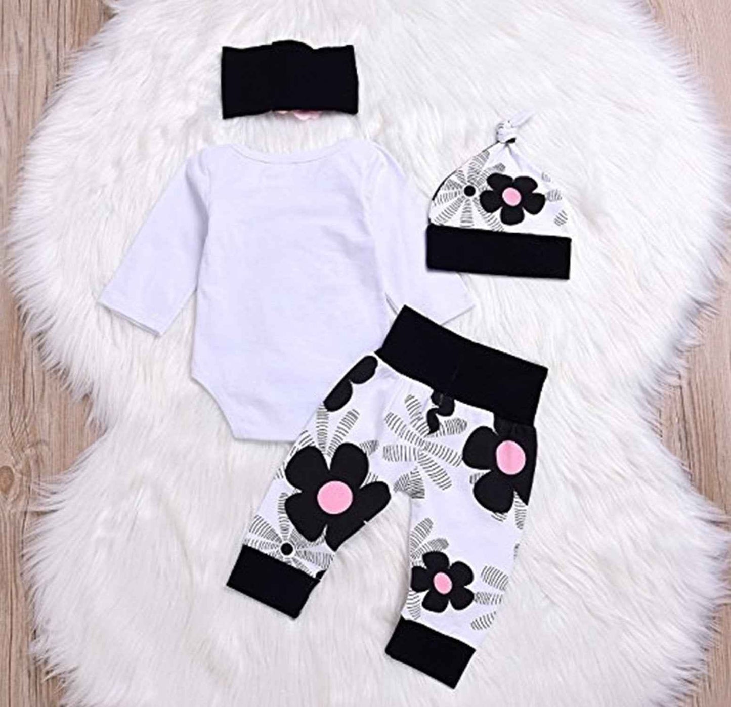 Juflam Cute Newborn Baby Girl Outfit Daddy Little Princess Romper + Flower Trousers + Hat + Flower Headband Set of 4