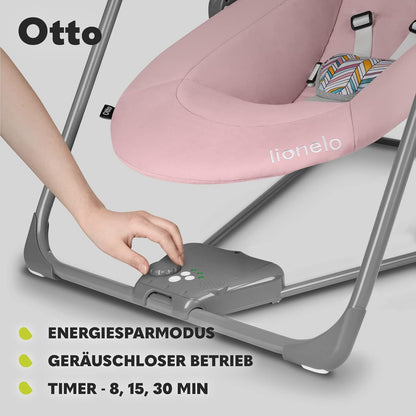LIONELO Otto Baby Seesaw, Baby Swing, Play Arch with Interactive Toys, 5 Swing Speeds, Nature Sounds, from Birth to 9 kg, Foldable (Cozy Grey) (Pink)