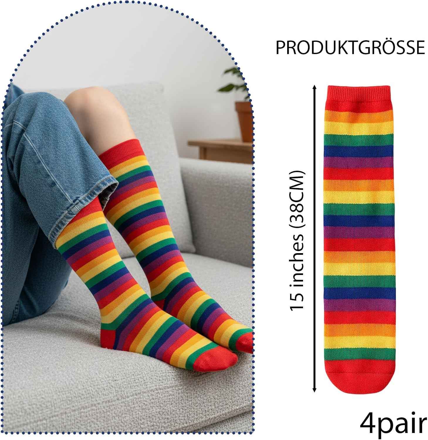 4 Pairs Striped Knee Socks Girls, Rainbow Knee Socks Children, Rainbow Socks, Colourful Thigh High Socks Leg Stocking 2-12 Years Size 23-38