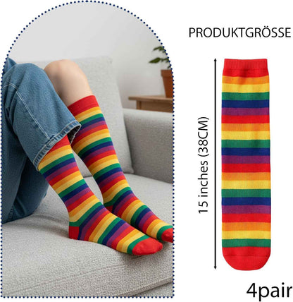 4 Pairs Striped Knee Socks Girls, Rainbow Knee Socks Children, Rainbow Socks, Colourful Thigh High Socks Leg Stocking 2-12 Years Size 23-38