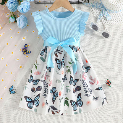 Codkkre Mädchen Kleid Blumen Bowknot Kinder Kleider Rüschenärmel A-Linie Mädchen Kleid Sommer Ostern Mädchen Kleid Rundhals 104 110 116 122 128