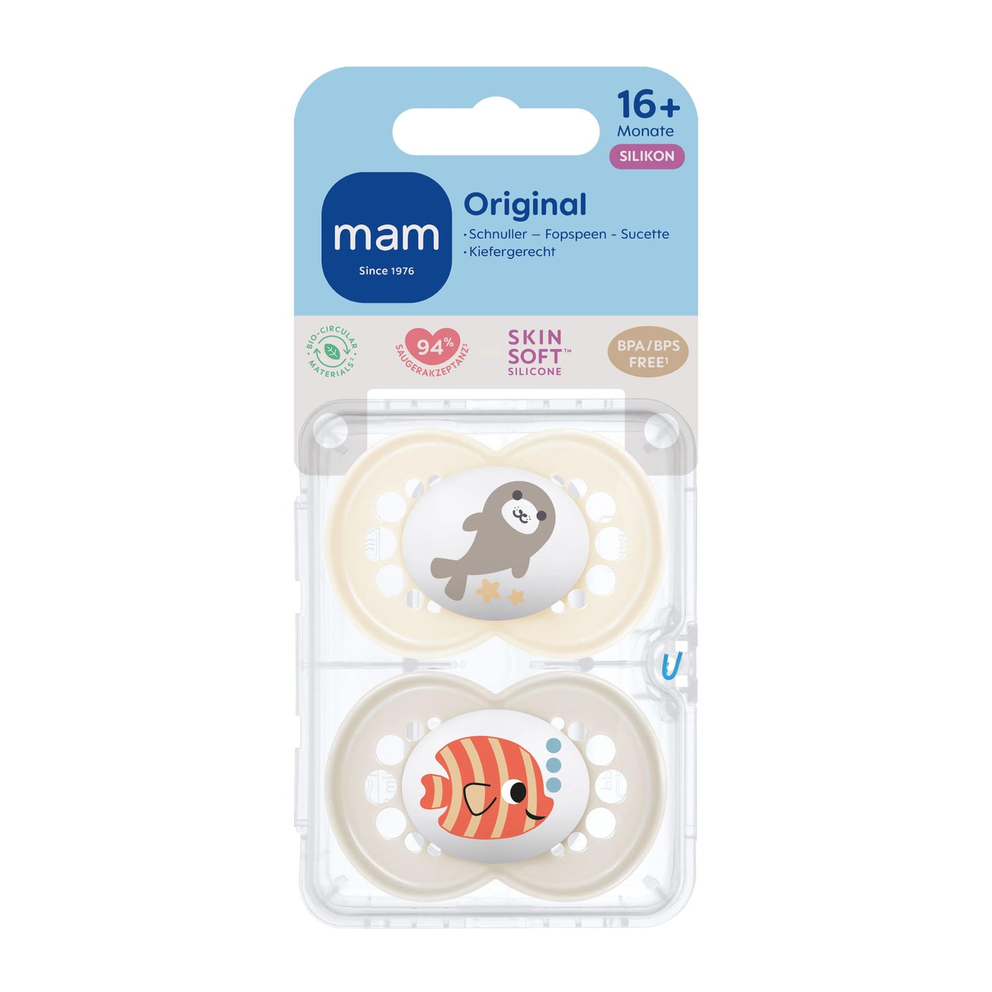 MAM Original Schnuller im 2er-Set, zahnfreundlicher Baby Schnuller aus nachhaltigen & bio-erneuerbaren Materialien, Sauger aus MAM SkinSoft Silikon, mit Schnullerbox, 0-6 Monate, Hase/Reh