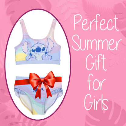 Stitch Bikini Mädchen – 2-teiliges Badeanzug-Set für Kinder mit Rüschen – Pastellfarben – Ideal für Strand & Pool – Badeanzug Stitch Design