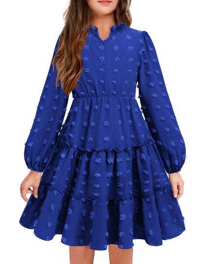 Arshiner Dress Girls Festive Flounce V-Neck Long Sleeve Dress Swiss Dot Chiffon Dress Children Tiered Dress A-Line Party Dress Wedding Princess Dress Swing Skater Dress 5-12 Years 