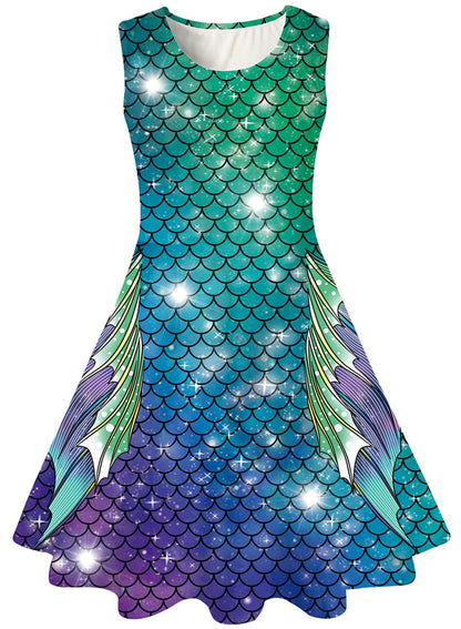 kids4ever Mädchen Kleid Ärmellos Sommerkleid Rundhals A-Linie Swing Kleid Meerjungfrau Galaxie Prinzessin Party Geburtstag 4-12 Jahre