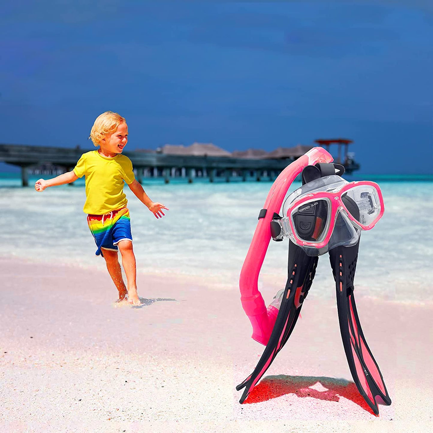 HH HHAO SPORT Children's snorkel set with fins, 180° panorama wide view diving goggles children, adjustable flippers, high-quality diving mask and dry top snorkel