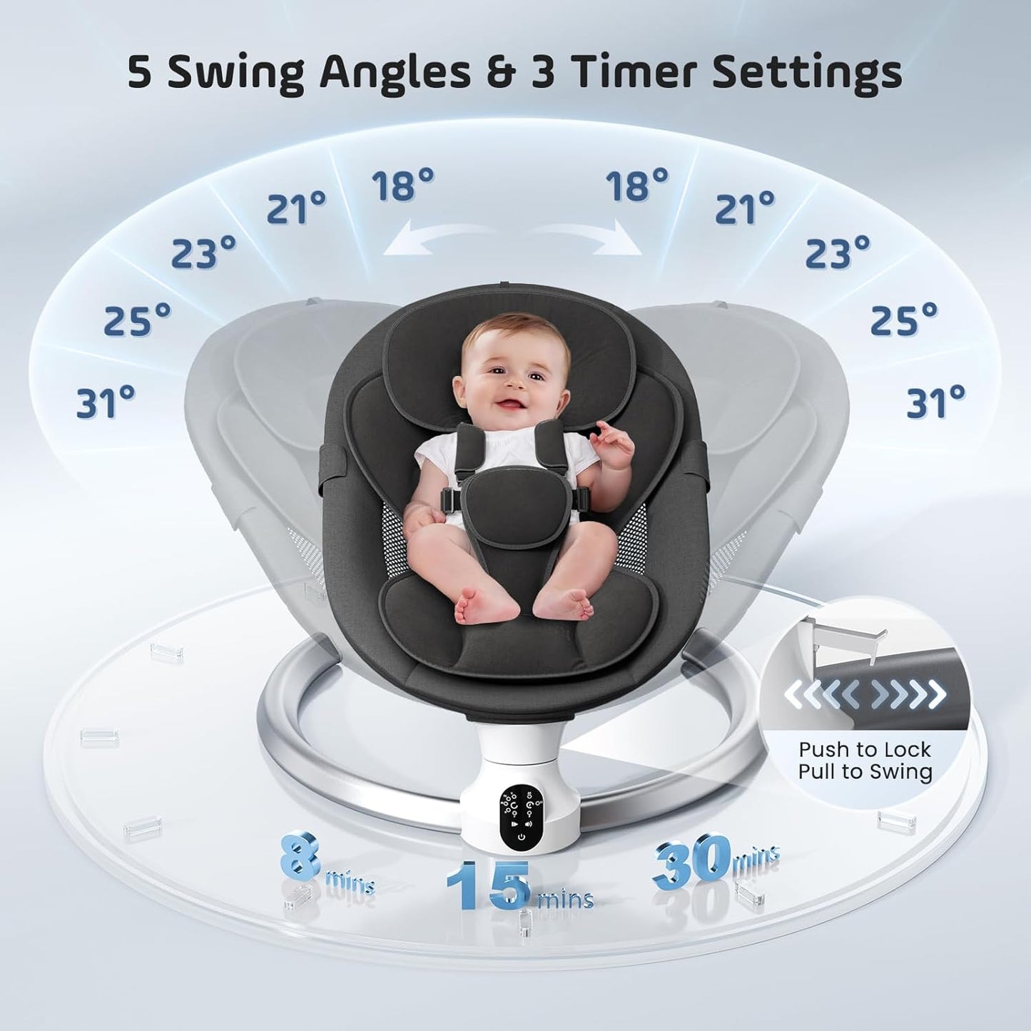 BlundiQue Babywippe Elektrisch mit Mobile App Steuerung und Fernbedienung,Elektrischer Babyschaukel Stuhl mit 5-Schwing Amplituden 3-Stufen Timer Elektrischer Prahler für Baby (schwarz)