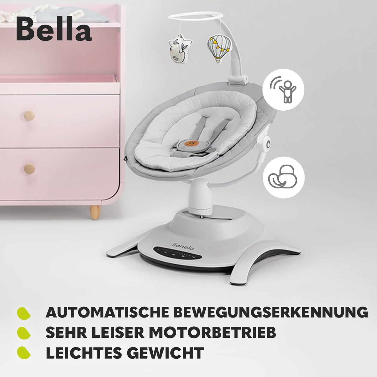 LIONELO Bella Elektrische Babywippe 360o für Babys bis 9 kg, verstellbare Rückenlehne, 5 Schaukelgeschwindigkeiten Sicherheitsgurt Erkennung von Bewegungen Anti-Rutsch
