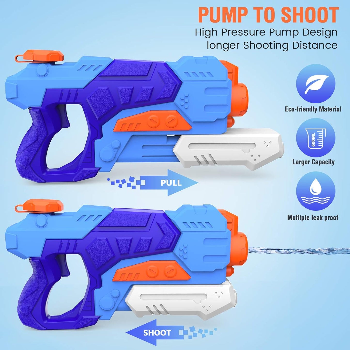Kiztoys Wasserpistole Spielzeug Kinder Set von 2 600 ml Pool Wasser Spritzpistolen mit 27 Fuß Reichweite, Sommer Wassersport, Garten und Strand Wasserpistolen für Kinder