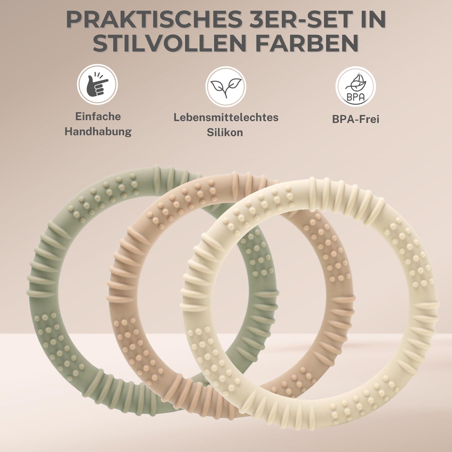 CAJA Beißring Baby Soft 3 Stück - Beißspielzeug Zahnungshilfe aus Silikon, BPA-frei, Zahnen & Greifring für Babys - Sicheres Baby Spielzeug (Set A)
