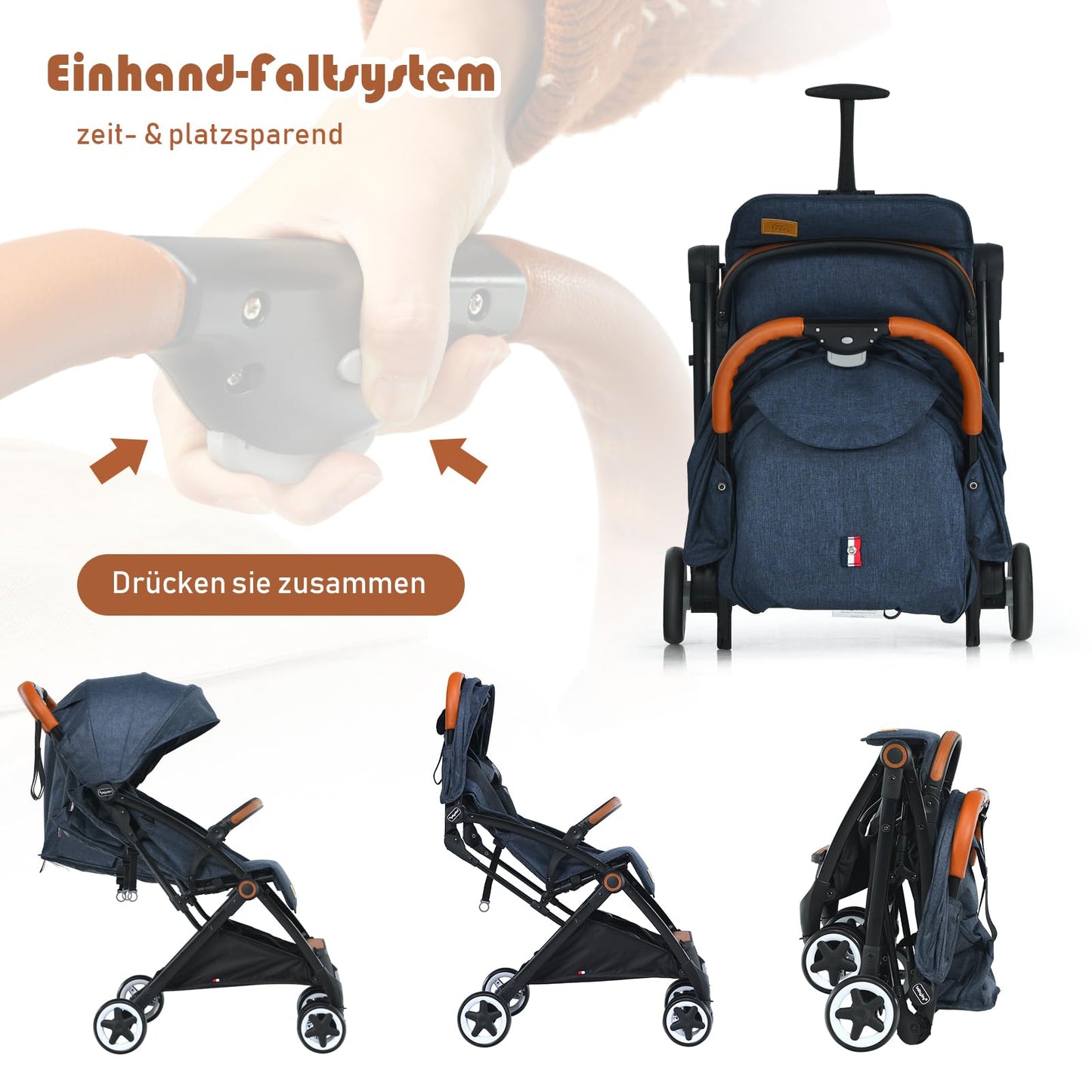DREAMADE Children's Buggy Foldable with Reclining Function, Pram for Baby 0-3 Years, Foldable Buggy with 5-Point Safety Belt & Storage Basket & Brake (Grey)