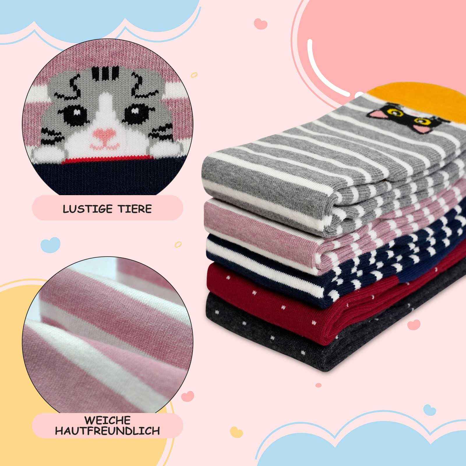 LOFIR Girls' Knee Socks Children's Socks: Overknee Stockings Long Striped Children's Socks Animal Cotton Socks Colourful Striped Socks Funny Without Seam Knee Socks Gift 2-12 Years 23-38 5 Pairs