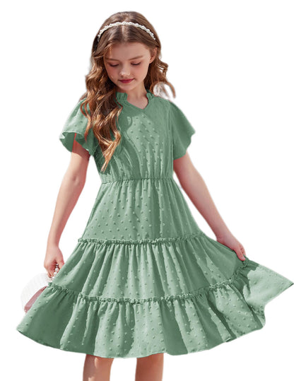 Arshiner Mädchen Kleid Festliches Rüschenärmel Sommerkleider V-Ausschnitt Partykleid Swiss Dot Stufenkleid Kinder A-Linie Swing Kinderkleid mit Tasche 3-12 Jahre