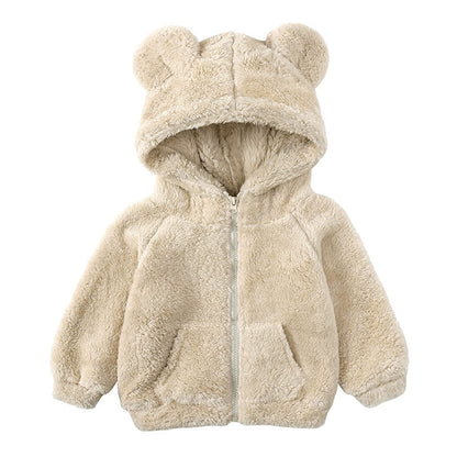 Baby Junge Mädchen Herbst Winter Kleidung Langarm Reißverschluss Hoodie Mantel Einfarbig Fleecejacke Bärenohr Kapuzenjacke
