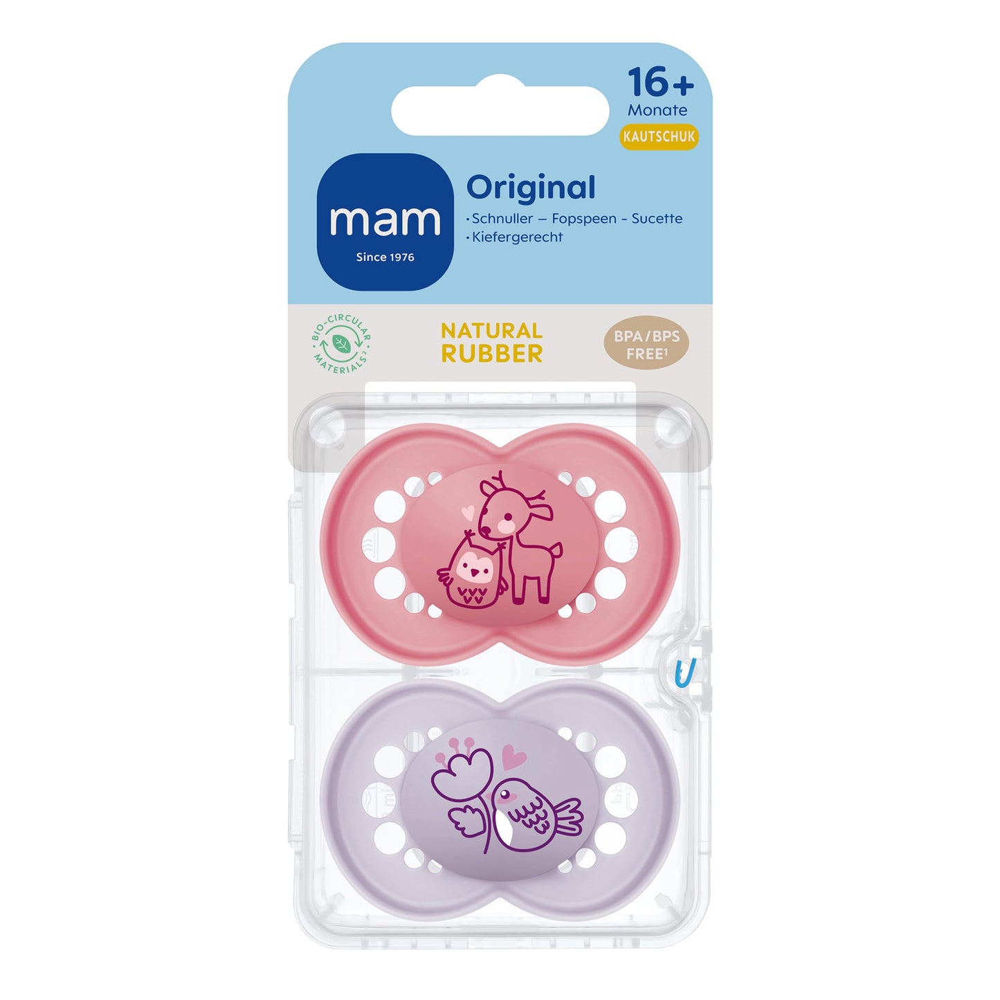 MAM Original Latexschnuller im 2er-Set, Schnuller aus nachhaltigen, bio-erneuerbaren Materialien, Baby Schnuller mit symmetrischem & kiefergerechtem Sauger, 0-6 Monate, Hase/Reh - Meloni2