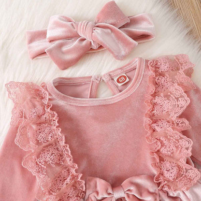 Baby Dress Girls Long Sleeve Lace A Line Princess Velvet Dress + Headband Wedding Festive Autumn Winter Clothing