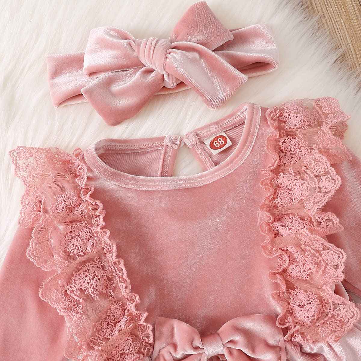 Baby Dress Girls Long Sleeve Lace A Line Princess Velvet Dress + Headband Wedding Festive Autumn Winter Clothing