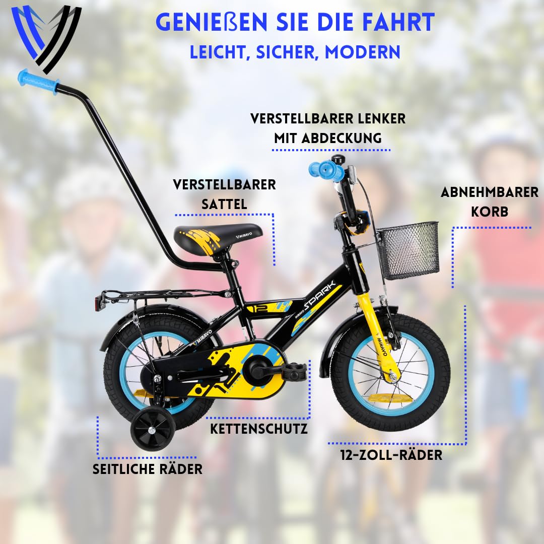 MIRAVO Kinderfahrrad Fahrrad Kinder Ab 2 Bis 8 Jahre Mit Stützrädern Schubstange V-Brake Bremsen Rückstrahl Aufkleber 12 16 20 Zoll Radgröße Korb Für Junge Spark - Meloni2