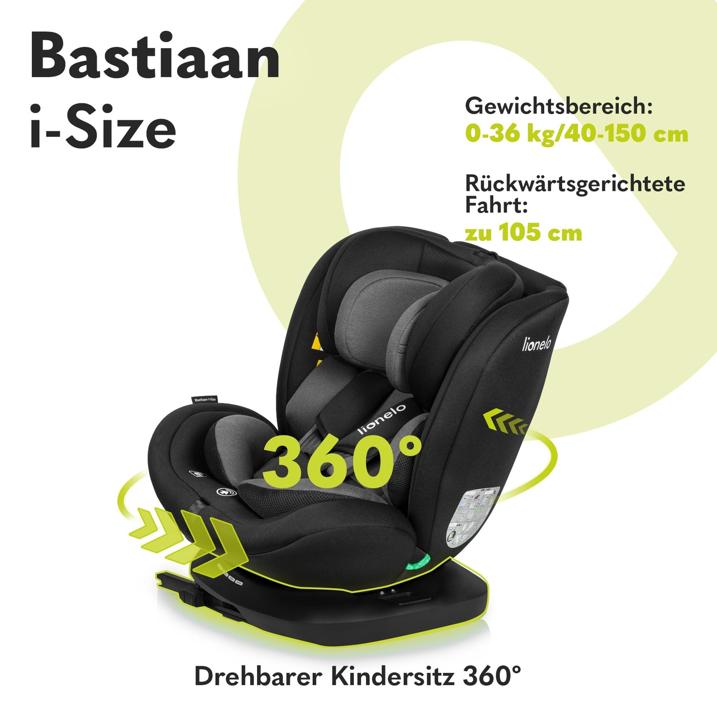 LIONELO Bastiaan i-Size One 360o drehbarer Autositz für Kinder von 40-150 cm, Montage in Fahrtrichtung und entgegen der Fahrtrichtung möglich, ISOFIX Pas TopTether Einstellbare Rückenlehne