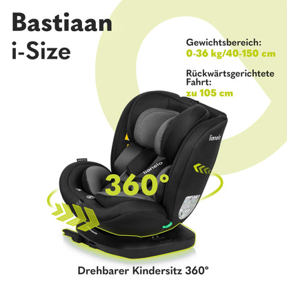 LIONELO Bastiaan i-Size One 360o drehbarer Autositz für Kinder von 40-150 cm, Montage in Fahrtrichtung und entgegen der Fahrtrichtung möglich, ISOFIX Pas TopTether Einstellbare Rückenlehne