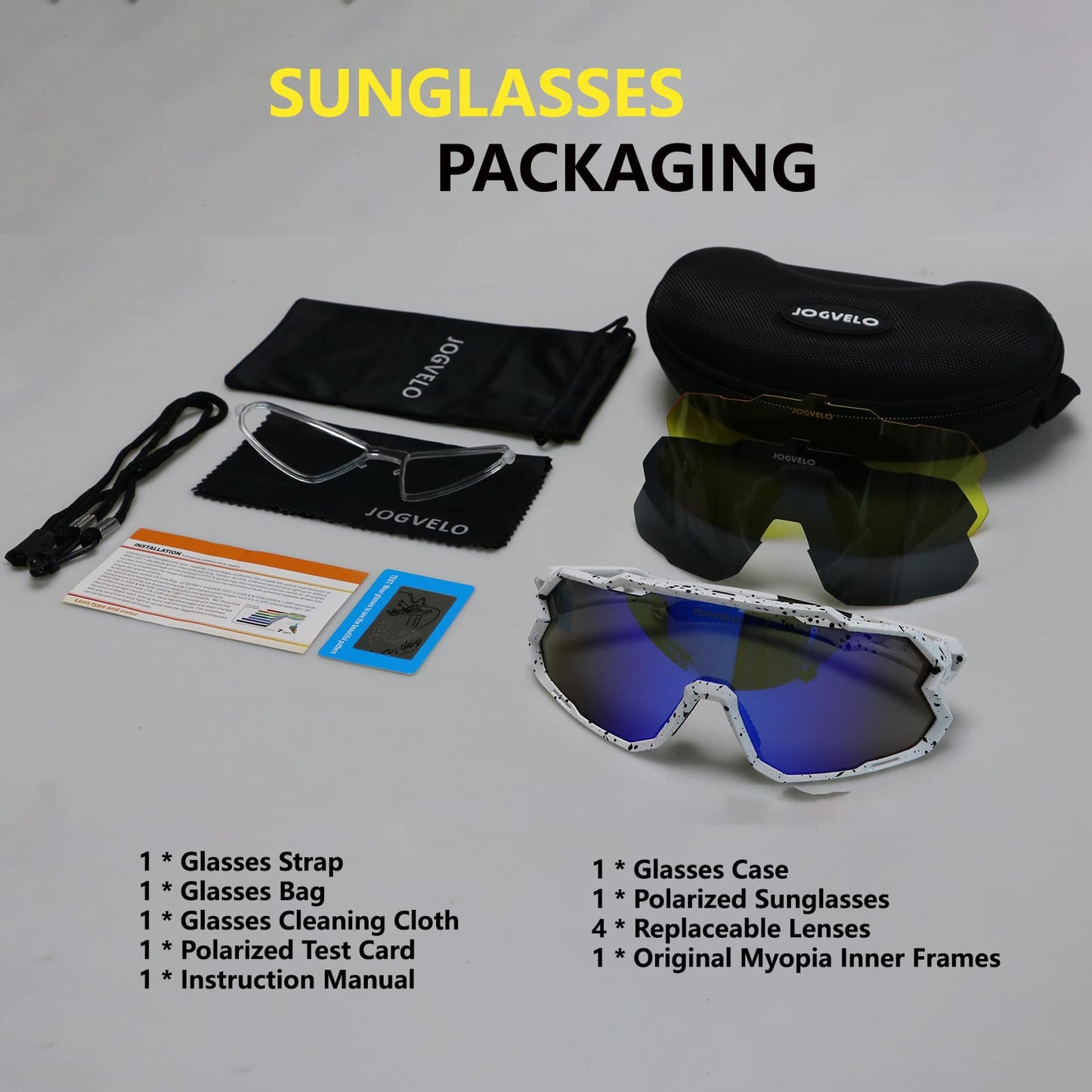 JOGVELO Polarisierte Sonnenbrille, Fahrradbrille Herren Damen mit 3 Wechselgläsern Sportbrillen Radbrille für Radfahren Laufen Angeln