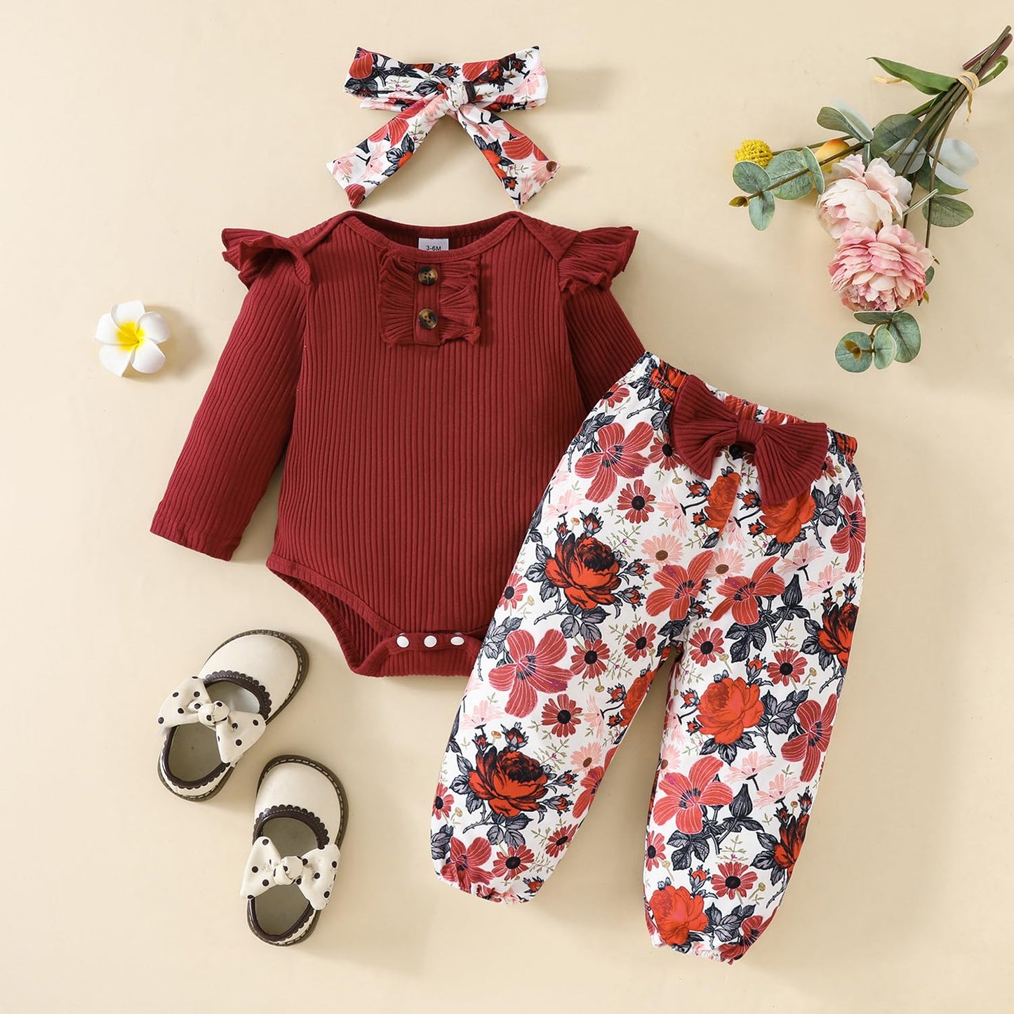 Neugeborenes Baby Mädchen Kleidung Kleinkind Gerippte Rüschen Langarm Strampler + Floral Hosen + Stirnband Nette Herbst Outfit Set
