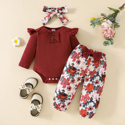 Neugeborenes Baby Mädchen Kleidung Kleinkind Gerippte Rüschen Langarm Strampler + Floral Hosen + Stirnband Nette Herbst Outfit Set