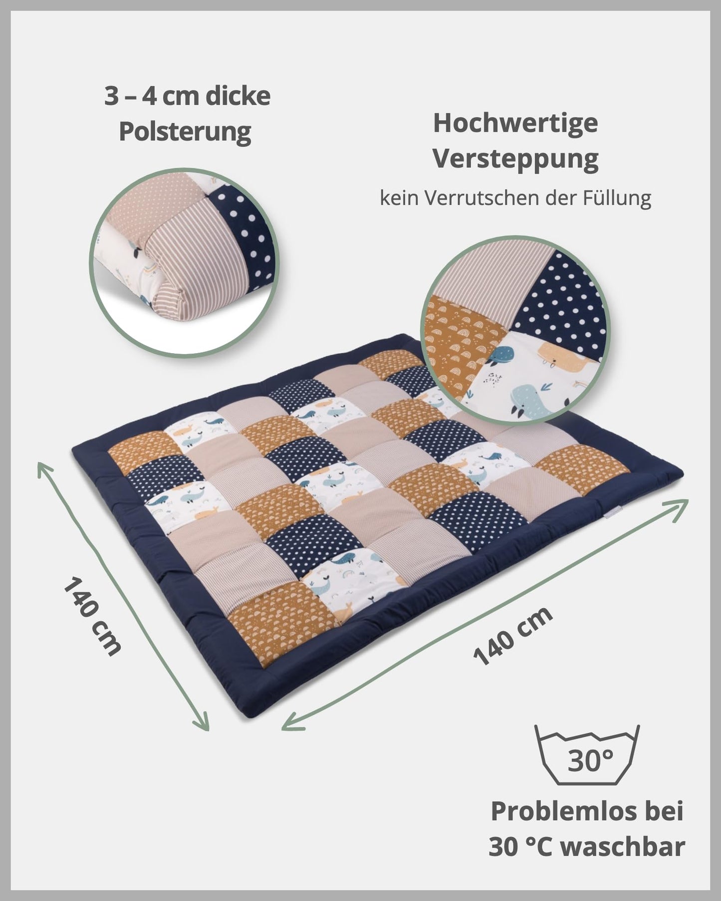 ULLENBOOM Krabbeldecke für Baby 100x100 cm, 100% OEKO-TEX Materialien, Made in EU, Dick & weich gepolstert, Sandblume - ideal als Babydecke, Laufgittereinlage & Spieldecke Baby