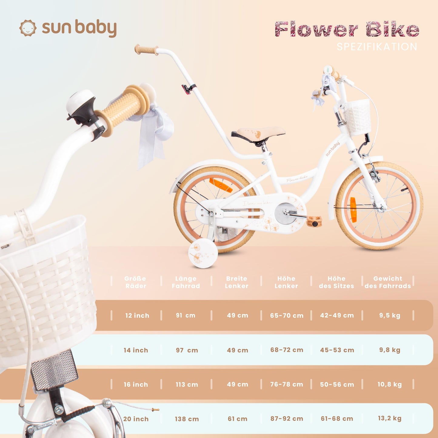 sun baby Mädchenfahrrad Flower Bike Radgröße zur Auswahl, mit Abnehmbarer Schubstange, Kinderfahrrad für Mädchen von 2 bis 6 Jahre