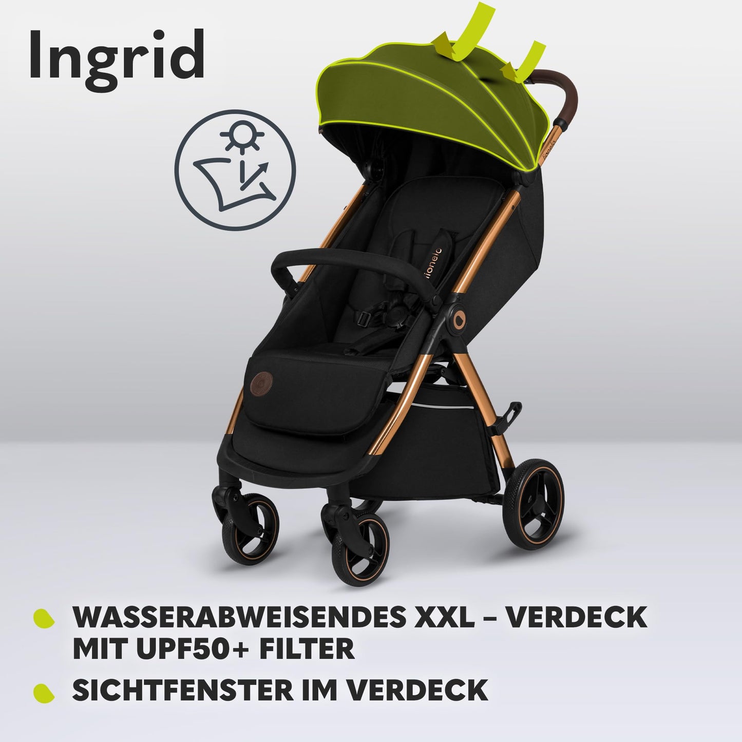 LIONELO INGRID Kinderwagen bis 22 kg von 6 Monaten bis 4 Jahren Große 360° schwenkbare Räder Volle Federung Einhändig zusammenklappbar Verstellbare Rückenlehne und Fußstütze Großes XXL-Verdeck