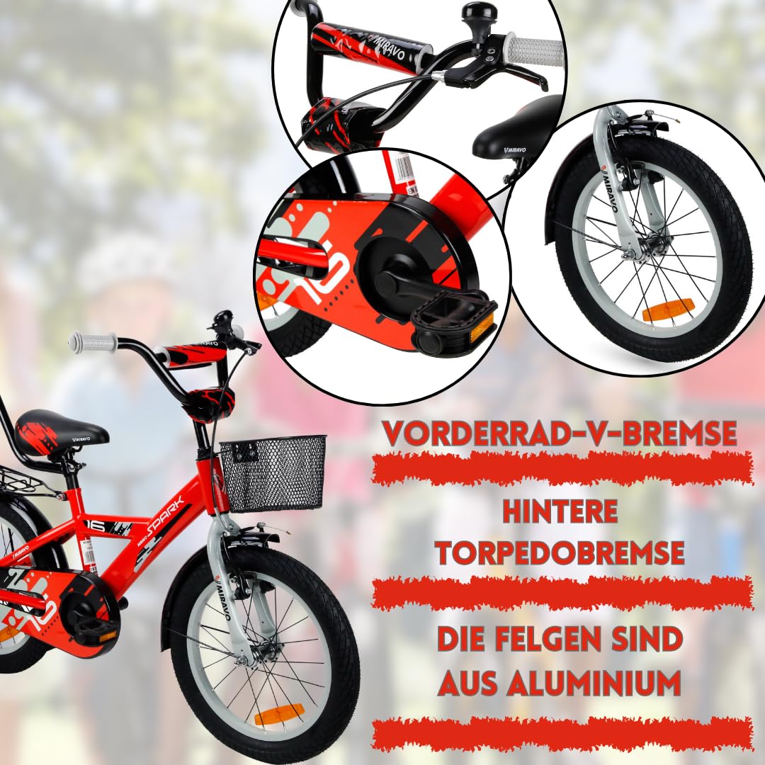 MIRAVO Kinderfahrrad Fahrrad Kinder Ab 2 Bis 8 Jahre Mit Stützrädern Schubstange V-Brake Bremsen Rückstrahl Aufkleber 12 16 20 Zoll Radgröße Korb Für Junge Spark - Meloni2