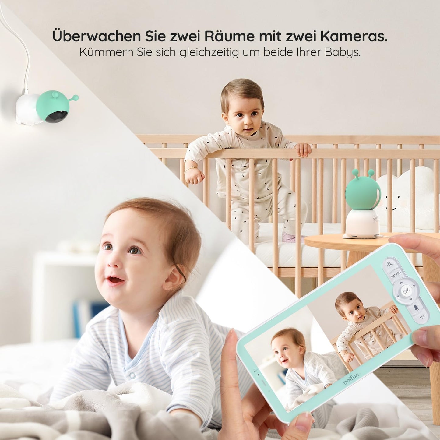 BOIFUN Babyphone mit Kamera 2K, 5-Zoll-Display, 360° PTZ, Nachtlicht | Nachtlicht, IR Nachtsicht, 360° Kamera, Handy, Weinen/Bewegungs/Geräuscherkennung, Bewegungsverfolgung, Temp&Feuchteerfassung