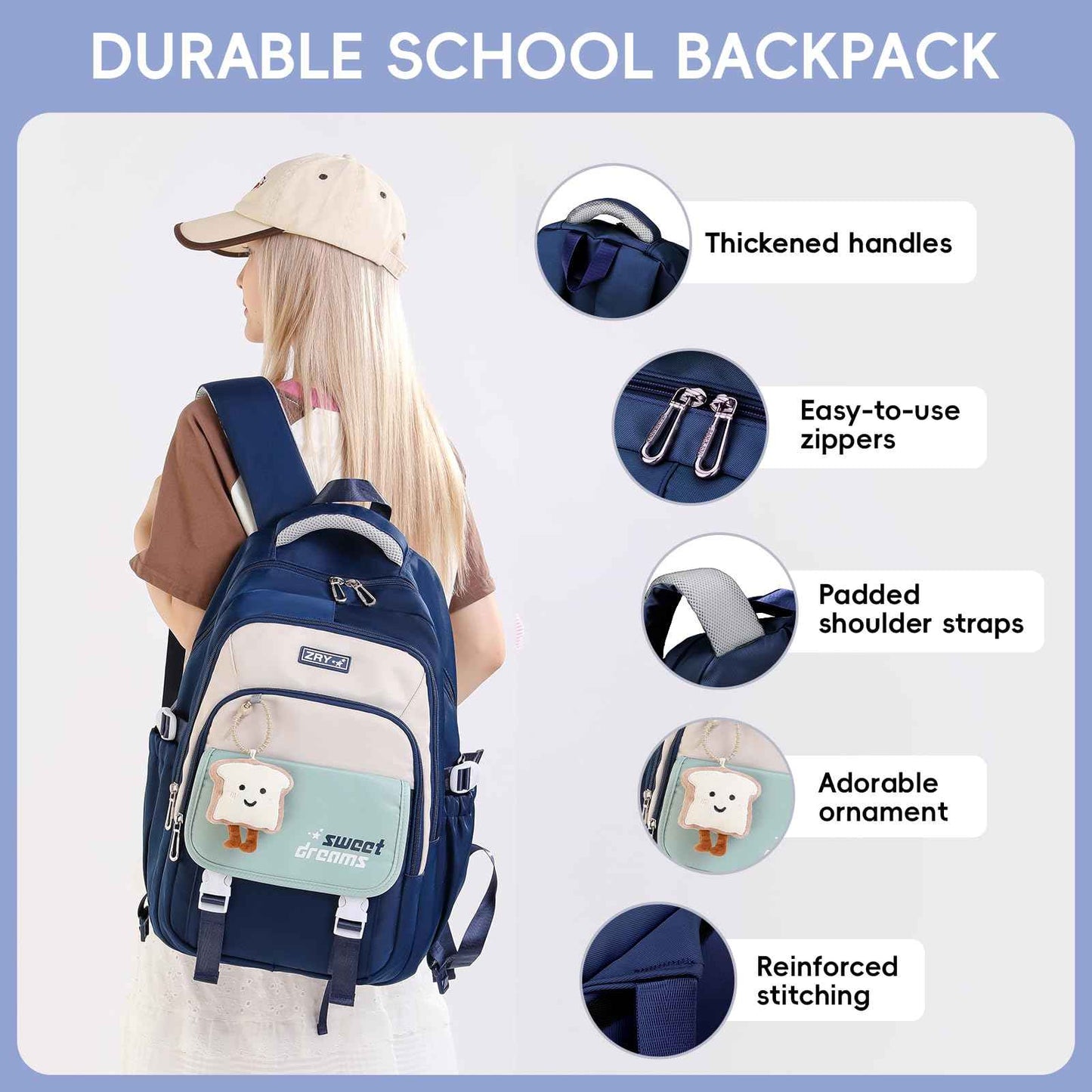 School Backpack Teenager - 36L School Bag for Girls from 5th Grade, Large Backpack for Middle and High School, Casual Children's Backpack with Cute Pendant and Trolley Strap, black, Rucksack