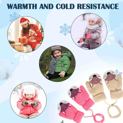 FUIPVGI 2 Pairs of Baby Winter Gloves, Cartoon Children's Winter Gloves, Mittens, Warm Knitted Gloves with Lanyard for 0-3 Years Girls Boys