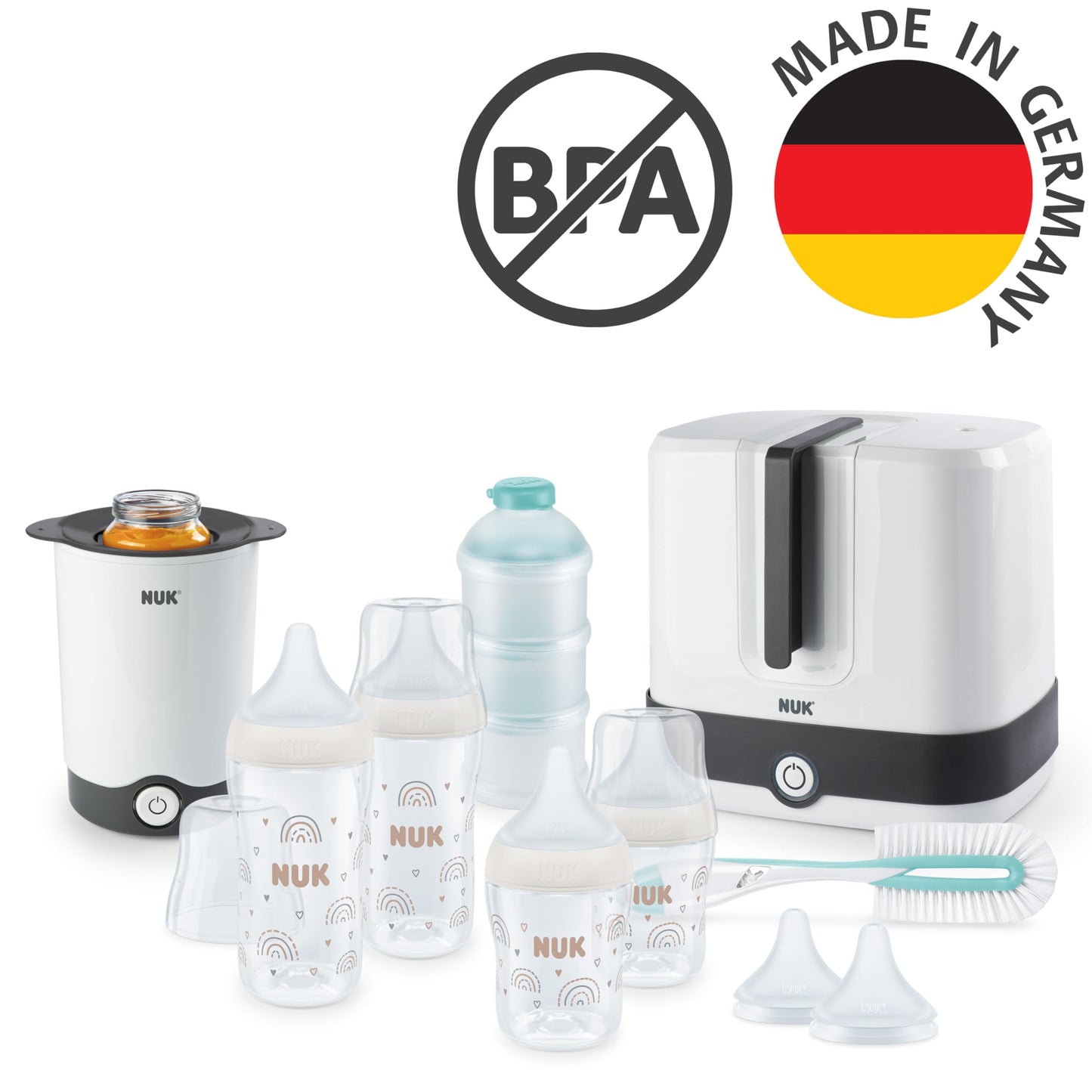 NUK Perfect Match Complete Feeding Set | Ab 0 Monate | Vario Express-Sterilisator, 4 Babyflaschen, Flaschenwärmer, Flaschenbürste und mehr | Regenbogen | 8 Stück