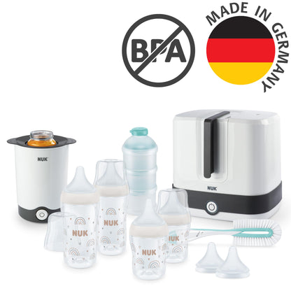 NUK Perfect Match Complete Feeding Set | Ab 0 Monate | Vario Express-Sterilisator, 4 Babyflaschen, Flaschenwärmer, Flaschenbürste und mehr | Regenbogen | 8 Stück