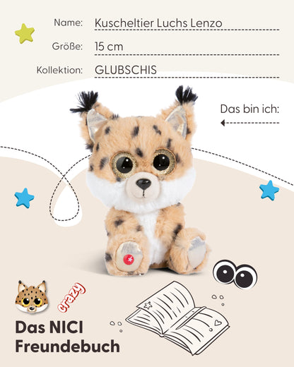 NICI GLUBSCHIS Lynx Lenzo 15cm - Dangling cuddly toy lynx with big glittery eyes - 49295 