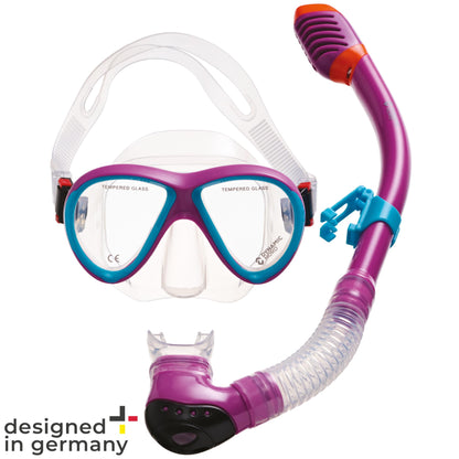 DYNAMICNORD - Kinder Schnorchelset – Designed in Germany – Profi Silikon 2er Set Tauchset Schnorchelset für Kinder (Taucherbrille, Trocken Schnorchel & Netztasche) mit Dry Schnorchel & Sicherheitsglas