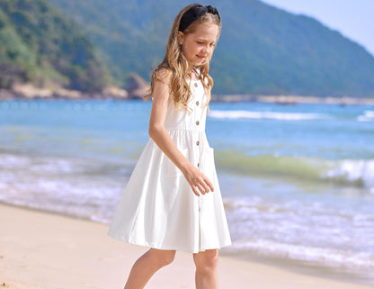 Arshiner Mädchen Kleider Ärmelloses Kinderkleid Knopfleiste Trägerkleid Sommer Baumwolle Swingkleid Festliches A-Linie Freizeitkleid Elegant Kleid für Mädchen 5-14 Jahre