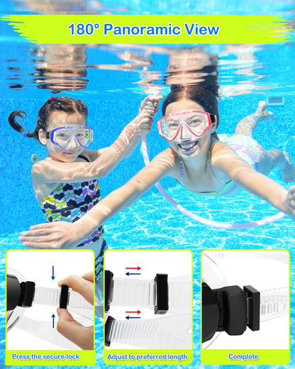 SkrekuiMa Taucherbrille Kinder | Schwimmbrille Kinder Schnorchelmaske Anti-Fog Anti-Leck | Tauchmaske Kinder 180°Panorama HD Tempered Glas für Kinder 4-12 Jahre Jungen Mädchen