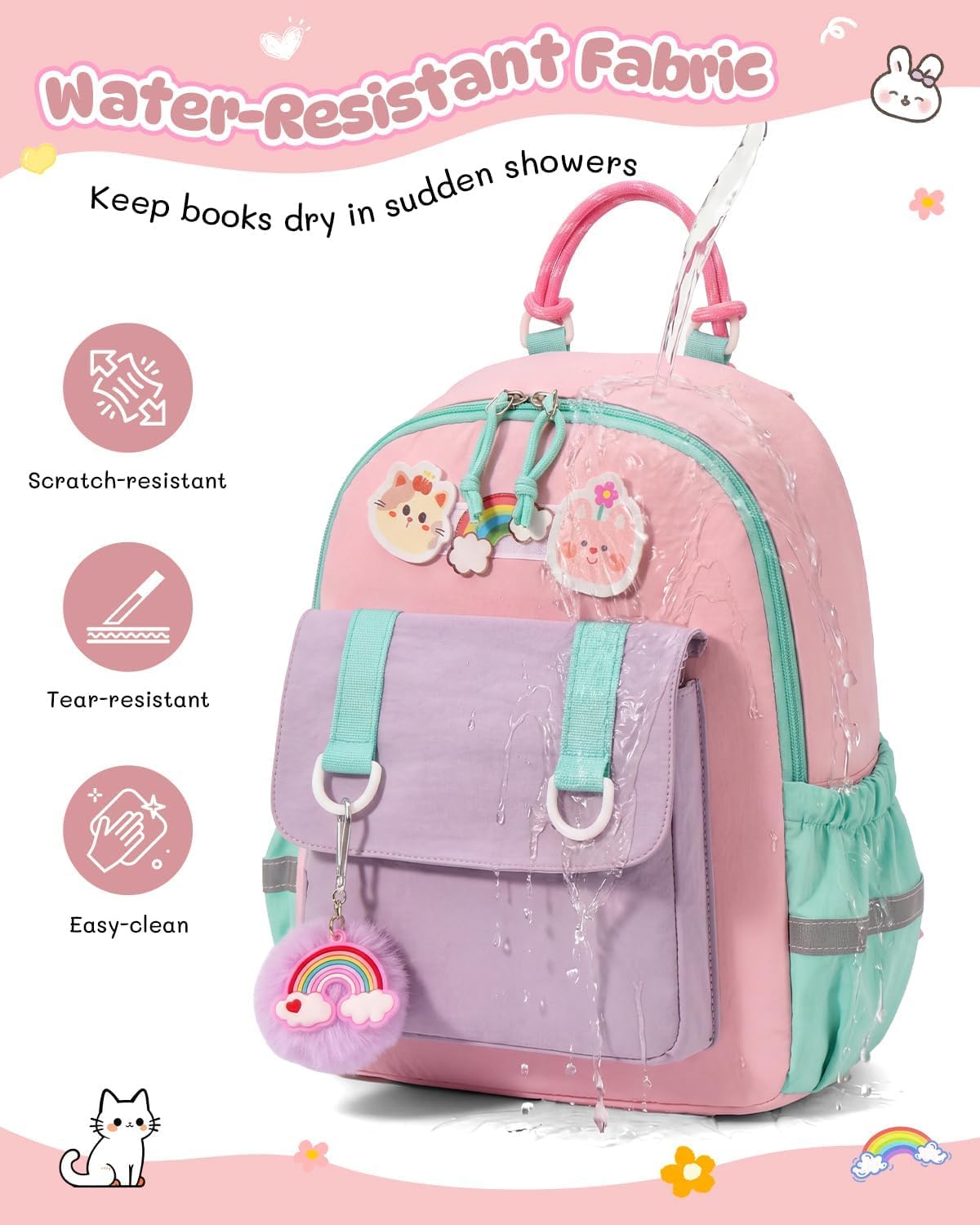 PROTAURI Kindergartenrucksack Mädchen 3-7 Jahre 11.6L Katze Hase, Rosa | mit Brustgurt reflektierend wasserabweisend leicht atmungsaktiv ergonomisch DIN A4 3D Patches 3D Tier Design