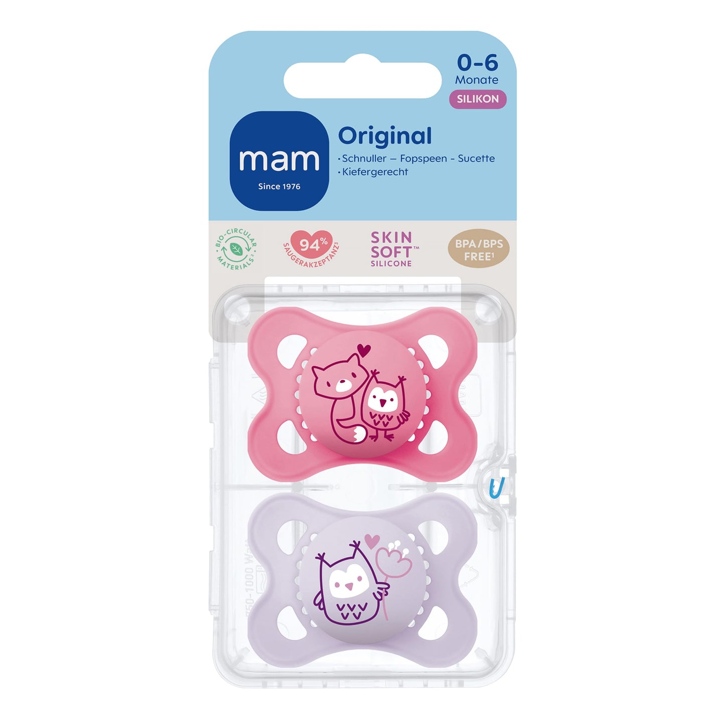MAM Original Schnuller im 2er-Set, zahnfreundlicher Baby Schnuller aus nachhaltigen & bio-erneuerbaren Materialien, Sauger aus MAM SkinSoft Silikon, mit Schnullerbox, 0-6 Monate, Fuchs/Eule - Meloni2