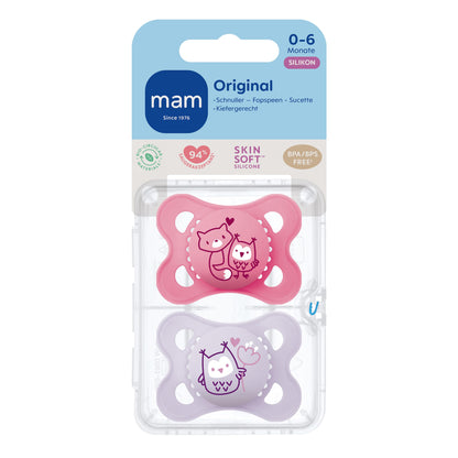 MAM Original Schnuller im 2er-Set, zahnfreundlicher Baby Schnuller aus nachhaltigen & bio-erneuerbaren Materialien, Sauger aus MAM SkinSoft Silikon, mit Schnullerbox, 0-6 Monate, Fuchs/Eule - Meloni2