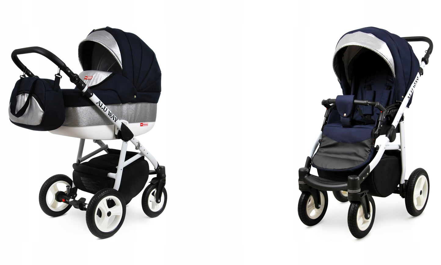 BabyLux® Kinderwagen Set 4 in 1 - Alu Way - incl. Babywanne, Buggy Sportsitz, Auto-Babyschale, ISOFIX-Basisstation - Autositz - Kinderwagenset - Kombikinderwagen mit Wickeltasche usw.