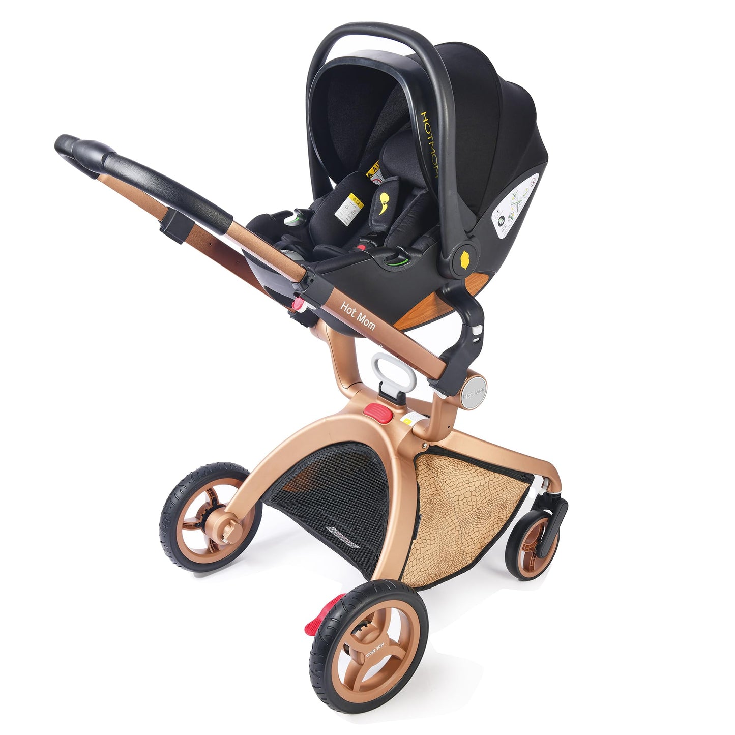 Hot Mom Kinderwagen 3in1 Set Klassik Kombikinderwagen, Modell F22 mit Alu-Rahmen/Vollgummireifen (Schwarz)