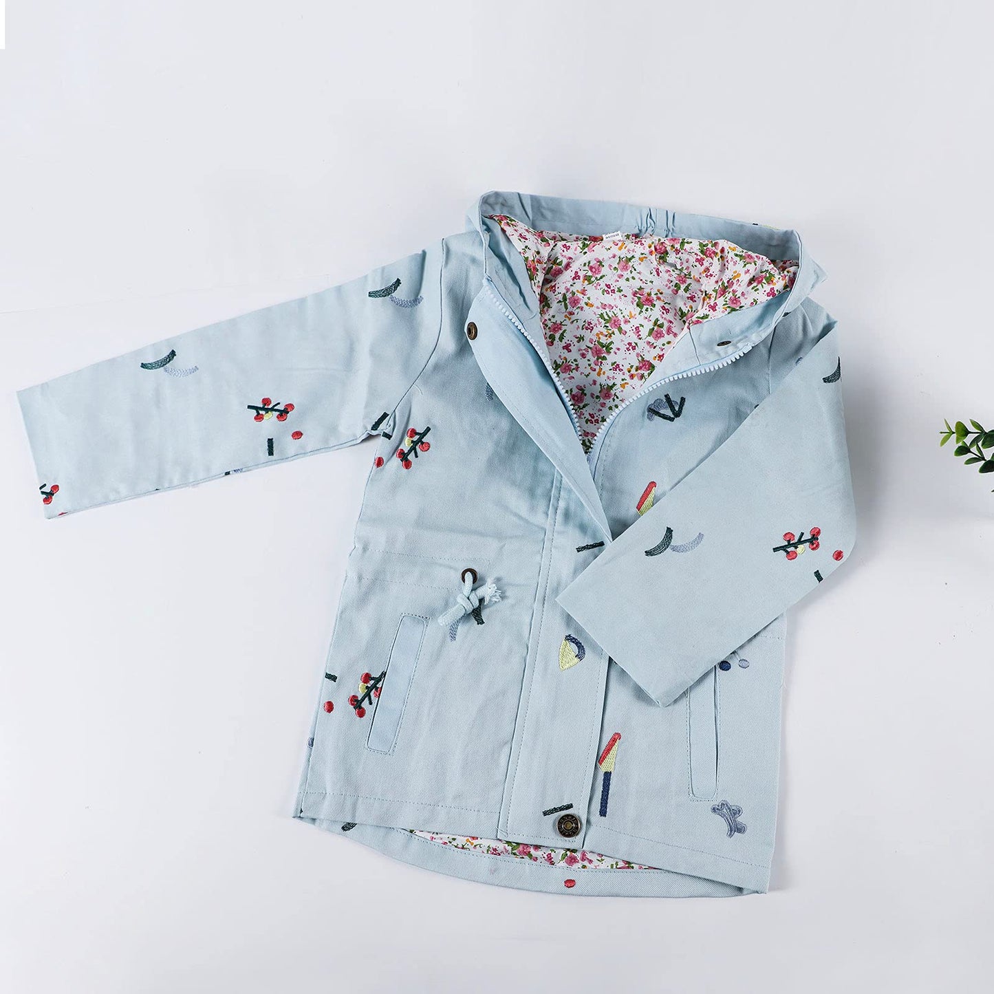 Mädchen Windjacke Mit Kapuze Und Blumenstickerei Trenchcoat Kapuzenmantel