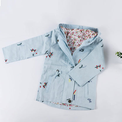 Mädchen Windjacke Mit Kapuze Und Blumenstickerei Trenchcoat Kapuzenmantel