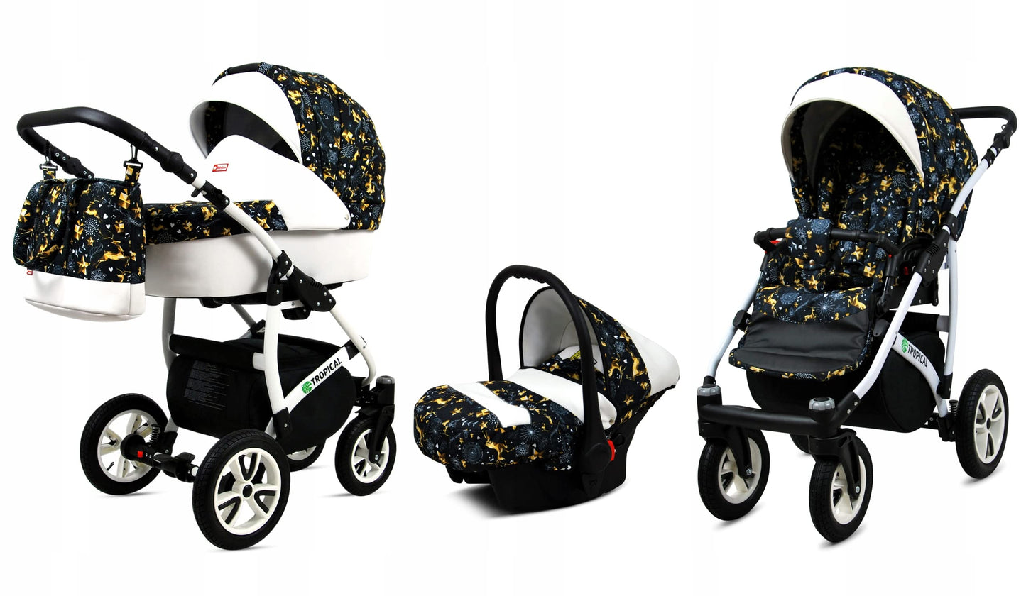 BabyLux® Bambimo Pushchair Set 3 in 1 - Tropical - incl. Baby Carrycot, Buggy Sports Seat, Car Seat - Pram Set - Combination Pram with Changing Bag, Rain Cover etc.