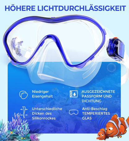Sporzin Children's Diving Goggles Snorkel Set - Snorkel with Dry Snorkel Mask 180° Panoramic View HD and Anti-Fog Silicone Diving Mask and Swimming Goggles with Ear Plugs 4-12 Years